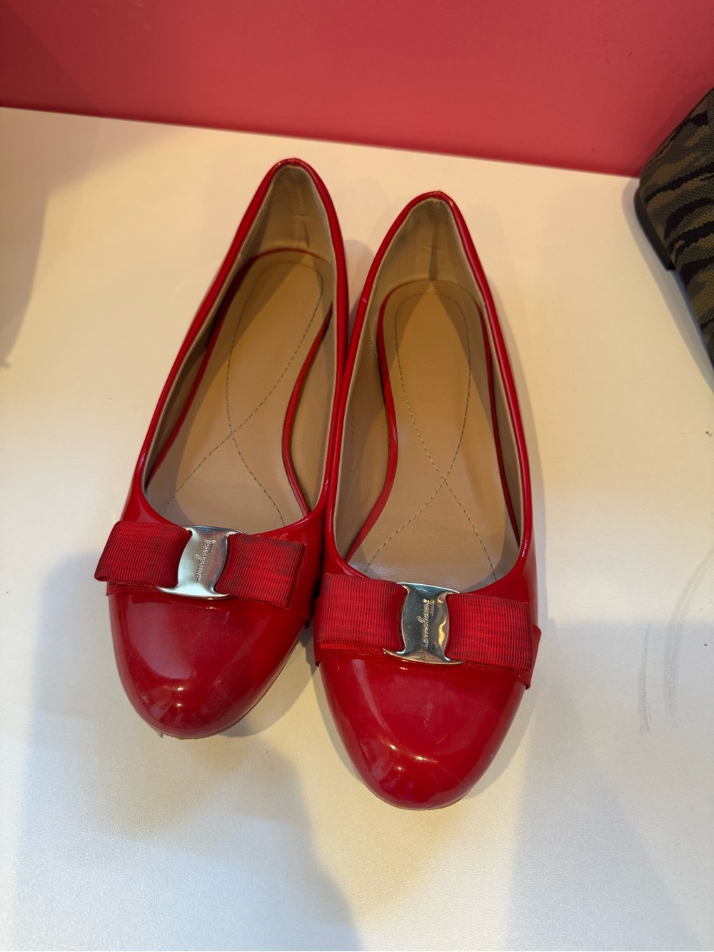Women’s Red Patent Bow Ballet Flats with Silver Accent
